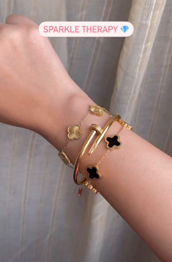 Cartier Nail Bangle With Golden & Black Clover Bracelet Stack Trio set