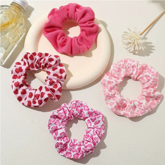 4pcs Cute Heart Pattern Pink Hair Scrunchie